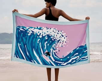 Organic Japanese Cotton Beach Towel: Wave Print, Eco-Friendly
