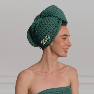 Japanese Cotton Waffle Hair Towel Wrap for Women: Absorbent Anti-Frizz Turban, Shower Spa Sauna, Organic OEKO (Custom Monogram Embroidery)