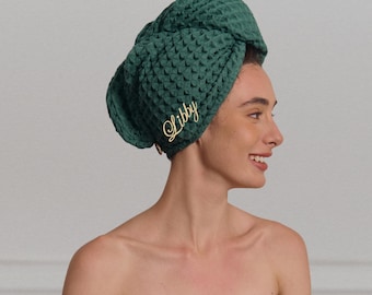 Japanese Cotton Waffle Hair Towel Wrap for Women: Absorbent Anti-Frizz Turban, Shower Spa Sauna, Organic OEKO (Custom Monogram Embroidery)