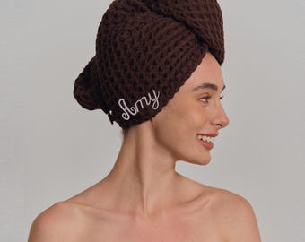 Japanese Cotton Waffle Hair Towel Wrap for Women: Absorbent Anti-Frizz Turban, Shower Spa Sauna, Organic OEKO (Custom Monogram Embroidery)