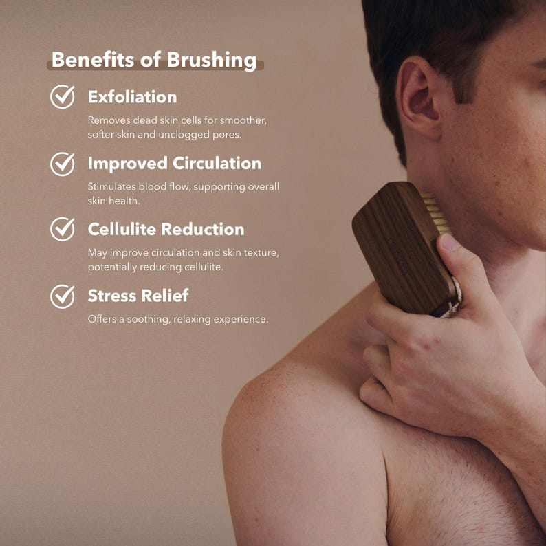 May include: A wooden body brush with natural bristles is used on a person's shoulder. The image includes text that reads "Benefits of Brushing" and lists exfoliation, improved circulation, cellulite reduction, and stress relief.