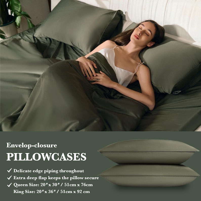 May include: A set of two green pillowcases with an envelope closure. The pillowcases have a delicate edge piping throughout and an extra deep flap to keep the pillow secure. The pillowcases are available in queen size (20 inches by 30 inches) and king size (20 inches by 36 inches).