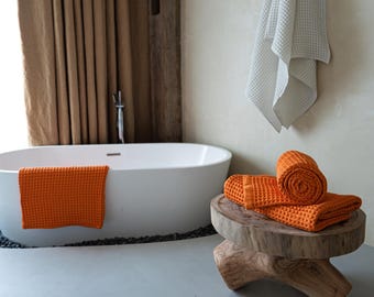 Luxury Organic Japanese Cotton Waffle Bath Towel Set: Thick, Absorbent, Quick Dry Bathroom Towels for Shower, Sauna, Spa, OEKO, Gift Package