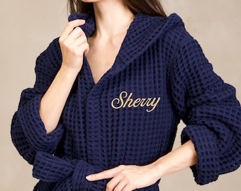 Luxury Japanese Cotton Spa Waffle Robe for Men & Women: Hooded / Kimono Plush Bathrobe, Personalized Custom Monogram Embroidery Gift Package