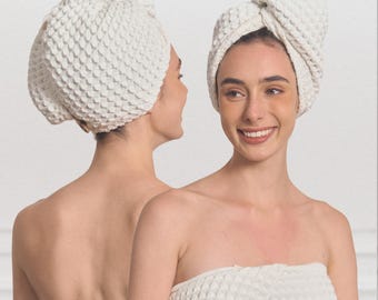 Japanese Cotton Waffle Hair Towel Wrap Turban: Ultra Absorbent, Anti-Frizz After Shower Drying, Organic Cotton OEKO, Personalized Embroidery