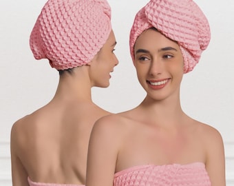 Japanese Cotton Waffle Hair Towel Wrap for Women: Absorbent Anti-Frizz Turban, Shower Spa Sauna, Organic OEKO (Custom Monogram Embroidery)