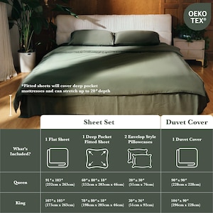 May include: A chart showing the different sizes and pieces included in a sheet set and duvet cover. The chart includes the measurements in inches and centimeters for queen and king sizes. The text "What's Included?" is at the top of the chart.
