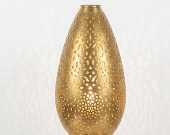 Lámpara de mesa marroquí de latón – Iluminación decorativa con forma de huevo grabado, estilo bohemio.