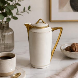 Chocolatera/cafetera de porcelana blanca vintage con detalles dorados, modelo 373/2