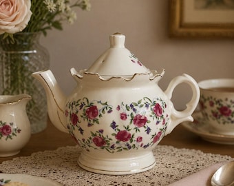 Vintage Porcelain Teapot Japan Pink Roses Gold Trim Scalloped Rim Cottagecore