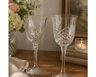 Vintage Cut Crystal Wine Goblets, Diamond and Fan Pattern, Faceted Stem, Set of 2