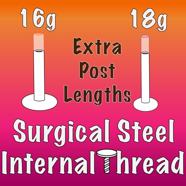 Extra Surgical Steel Internal Thread 16g or 18g Labret Posts. Alternate lengths available.