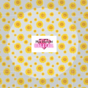 May include: A seamless pattern featuring yellow sunflowers on a light gray background. The pattern is repeated throughout the image. The text "Pink Diamond DIGITAL" is in a pink diamond shape in the center of the image.