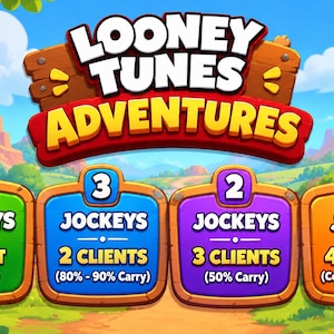 May include: A digital graphic titled Looney Tunes Adventures featuring four colorful rectangular panels with rounded corners. Each panel displays a number of jockeys and clients, ranging from 4 jockeys with 1 client to 1 jockey with 4 clients, set against a cartoon farm landscape.