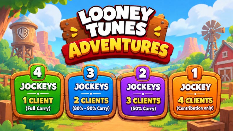 May include: A digital graphic titled Looney Tunes Adventures featuring four colorful rectangular panels with rounded corners. Each panel displays a number of jockeys and clients, ranging from 4 jockeys with 1 client to 1 jockey with 4 clients, set against a cartoon farm landscape.