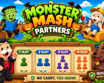 Op de afbeelding: Een digitale spelinterface getiteld Monster Mash Partners met een groen monster, een mummie, een vampier en een hond. Het bord toont vier slots met spelerspictogrammen, een 100% veilig badge en de tekst We Carry, You Grow.