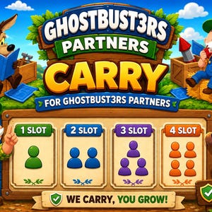 Puede incluir: Un gráfico digital para GHOSTBUST3RS PARTNERS CARRY con un granjero, un lobo y un perro de dibujos animados. La pantalla muestra cuatro espacios con un número creciente de iconos de usuario, etiquetados de 1 SLOT a 4 SLOT, con el texto WE CARRY, YOU GROW! y 100% SAFE.