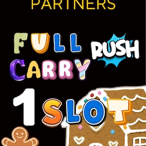 May include: A black background with the words "VILLAINOUS PARTNERS" in yellow. Below are the words "FULL CARRY RUSH" in colorful bubble letters. A gingerbread house and gingerbread man are also featured.