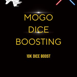 May include: Black background with a white outline of a fighter jet in the upper left corner. The text "MOGO DICE BOOSTING" is in gold, with "10K DICE BOOST" below. Red and blue crossed lines are in the upper right.