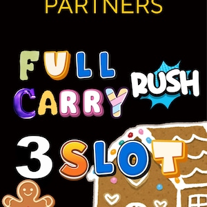 Pode incluir: Um fundo preto com o texto amarelo SIMPSONS PARTNERS, seguido pelo texto colorido FULL CARRY RUSH e 3 SLOT. Uma casa de gengibre castanha com glacê branco e doces coloridos está ao lado de uma figura de boneco de gengibre.