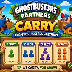 May include: A digital graphic for GHOSTBUST3RS PARTNERS CARRY featuring a cartoon farmer, a wolf, and a dog. The display shows four slots with increasing numbers of user icons, labelled 1 SLOT to 4 SLOT, with the text WE CARRY, YOU GROW! and 100% SAFE.