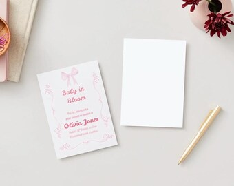 Modello di invito Baby in Bloom: fiocco rosa floreale (stampabile)