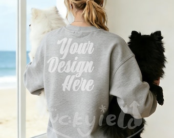 Grey Crewneck Sweatshirt Mockup – Dog Mama at Beach House (Digital Download)