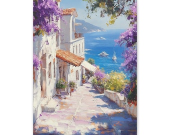 Può includere: Dipinto a olio di una città costiera europea con edifici bianchi, tetti di tegole rosse e fiori viola. La scena si affaccia su un mare blu con barche e montagne. L'opera d'arte è su tela.