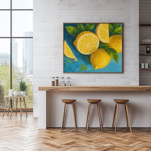 Lemon Still Life Canvas - Kitchen Wall Art in Blue and Yellow
