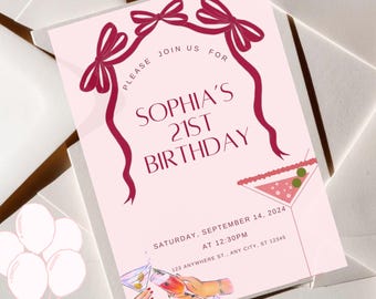 Coquette Birthday Invitation | 21st Birthday Brunch Invite | Pink Digital Party Template | Editable Instant Download