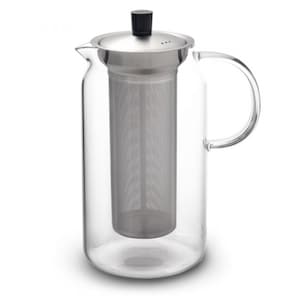 May include: A clear glass teapot with a stainless steel lid and infuser. The teapot has a handle and a spout.