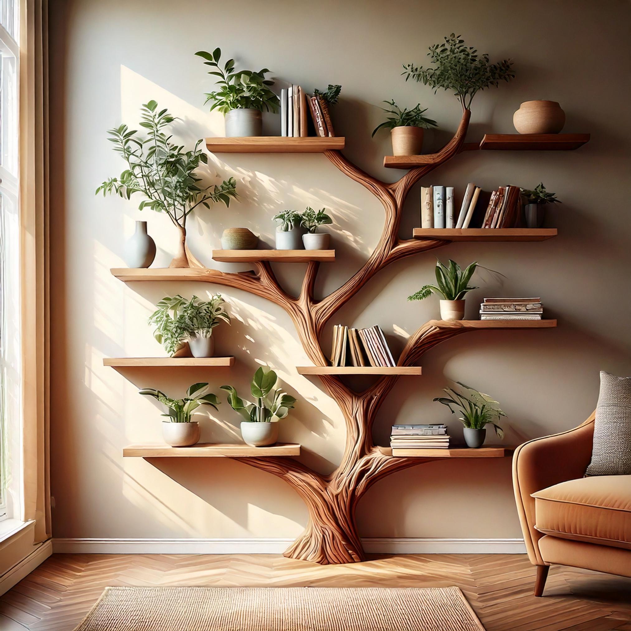 Custom Tree Bookshelf Wall Art | Large Handmade Shelf Rustic Decor For Living Room Or Home Office