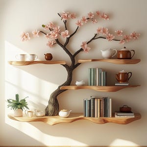 桜の木の棚 | 3段木製枝本棚 | 禅風の家庭用壁飾り