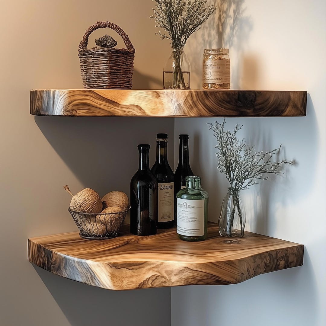 Live Edge Wood Corner Floating Shelf | Rustic Wall Bookshelf | Home ...