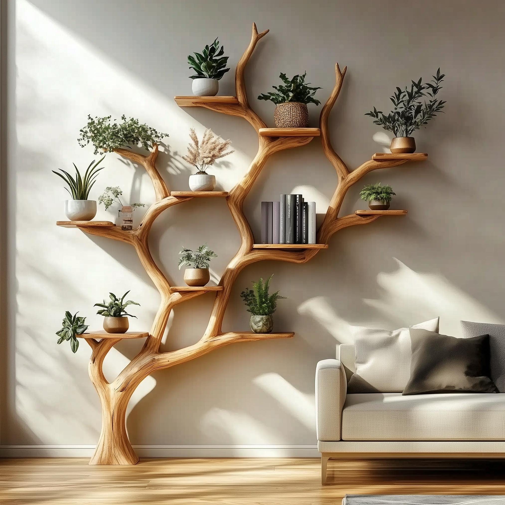 Estantería rústica de madera de árbol, estantería de pared de madera flotante, decoración de pared y almacenamiento para el hogar, estantería de madera de árbol hecha a mano