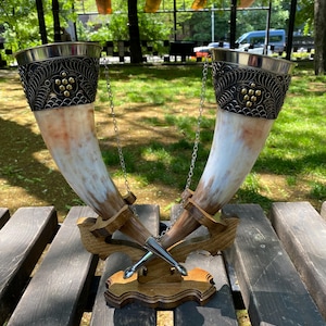 Drinking horns with stand for Wedding, Viking Drinking Horn, personalized gift
