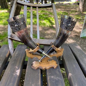 Drinking horns with stand  for Wedding, Viking Drinking Horn, personalized gift