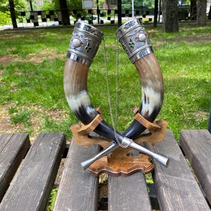 Drinking horns with stand  for Wedding, Viking Drinking Horn, personalized gift