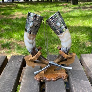 Drinking horns with stand  for Wedding, Viking Drinking Horn, personalized gift