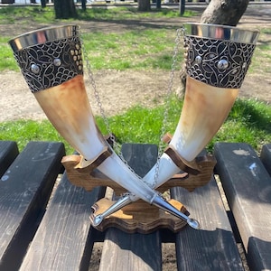 Drinking horn with stand for Wedding, Viking Drinking Horn, personalized gift