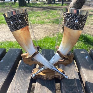 Drinking horns with stand  for Wedding, Viking Drinking Horn, personalized gift