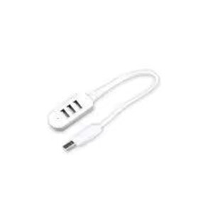 May include: A white USB hub with three ports and a USB-C connector. The hub has a curved design and is shown against a white background. The hub has the number "111" printed on it.