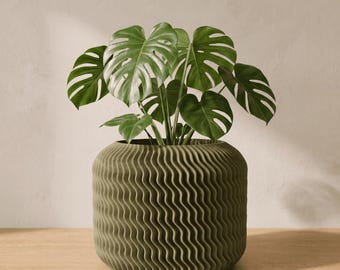 May include: A vibrant green Monstera plant with large, split leaves potted in a cylindrical olive green planter featuring a distinct vertical wavy, ribbed texture across its entire exterior surface.