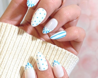 Blue Candy Stripe Press-On Nails – Fun Retro Pop | CHICNAILS