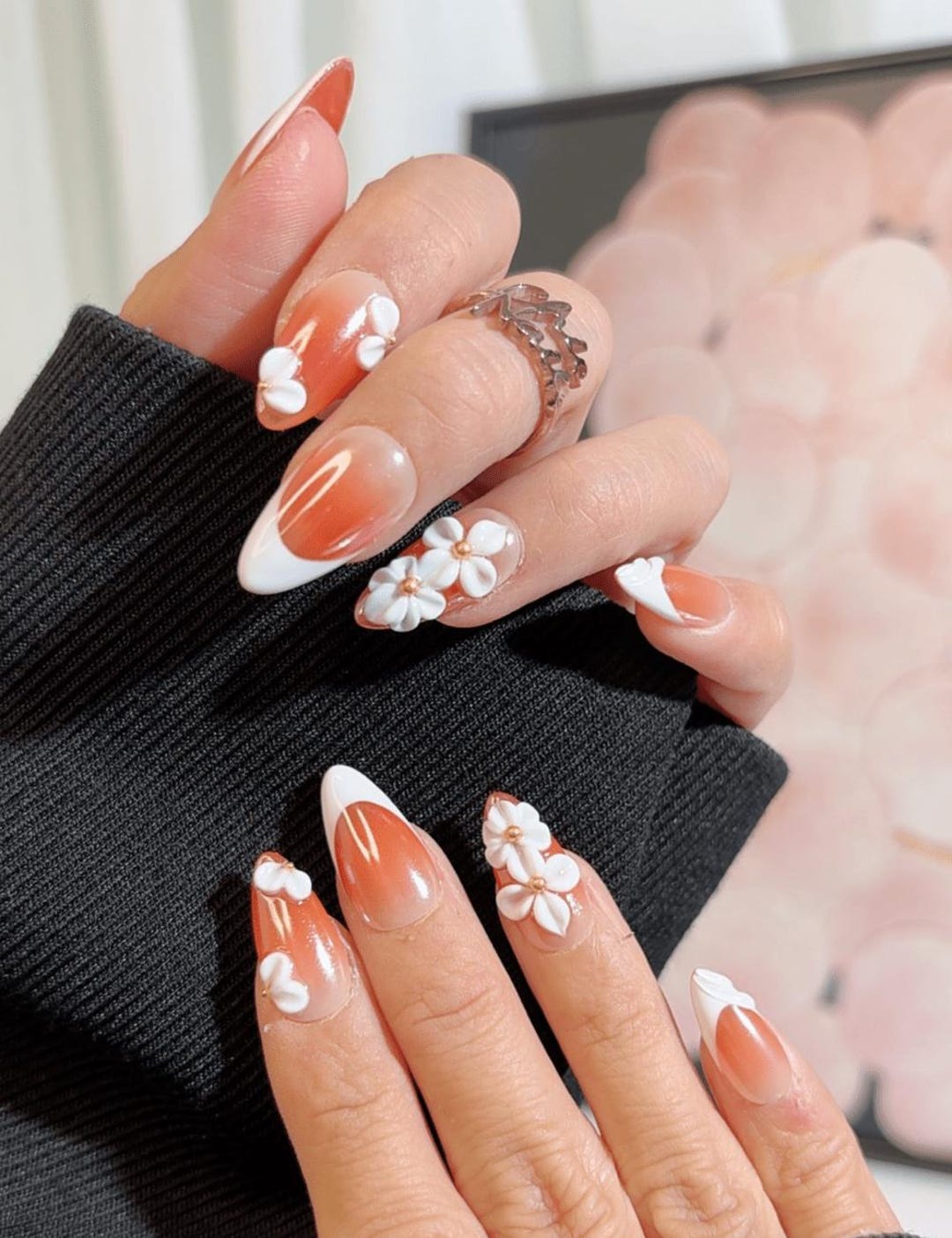 Rusty Brown 3D Floral French Press-on Nails – Autumn Elegance