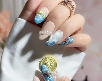 Ocean Pearl 3D Shell Press-On Nails – Blue Almond Set