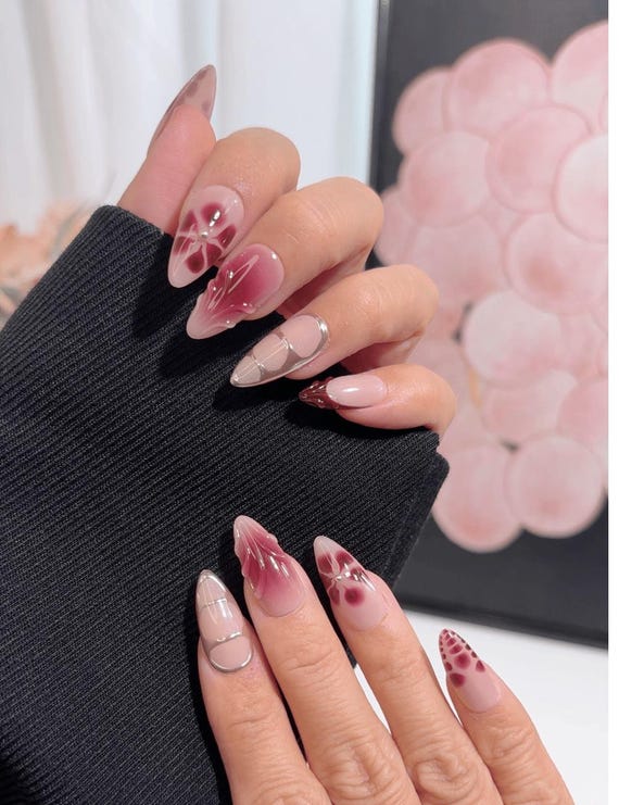 Medium Floral Art Press-On Nails – Burgundy Petal & Gold Line Design