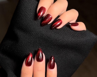 Red Cat Eye Press-On Nails – Short Almond Magnetic Burgundy | CHICNAILS