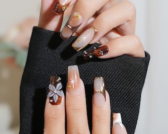 Mocha Bloom – Brown Marble & Gold Press-On Nails | Medium Square
