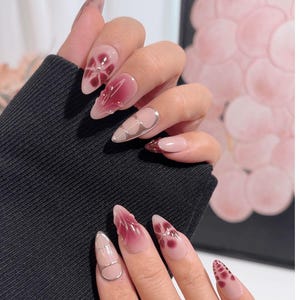 Medium Floral Art Press-On Nails – Burgundy Petal & Gold Line Design image 1